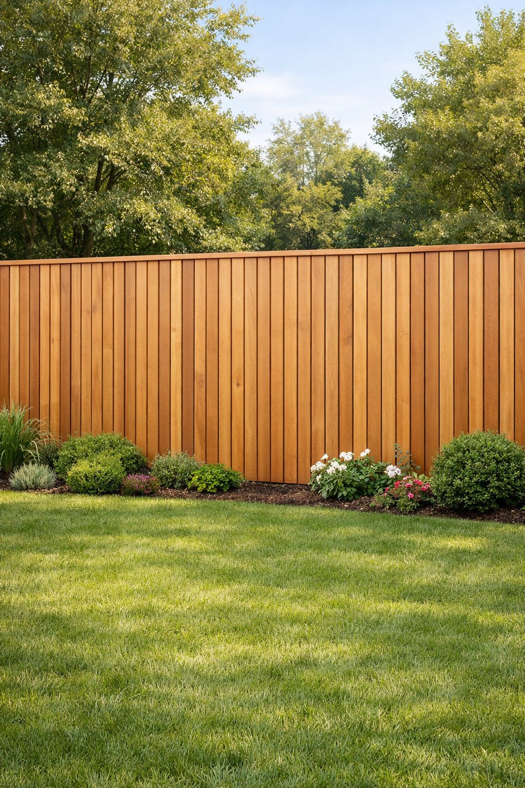 Backyard with a vertical wooden plank fence, green lawn, and plants near the fence.