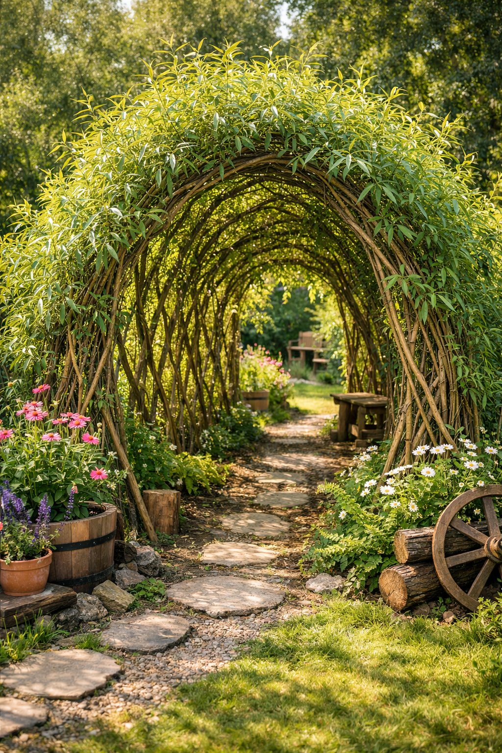 A leafy willow tunnel arching over a garden path in a backyard surrounded by green plants and natural wooden elements.