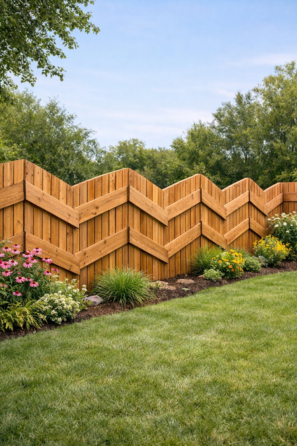 A backyard with a zigzag wooden fence surrounded by green grass and flowering plants under a clear sky.