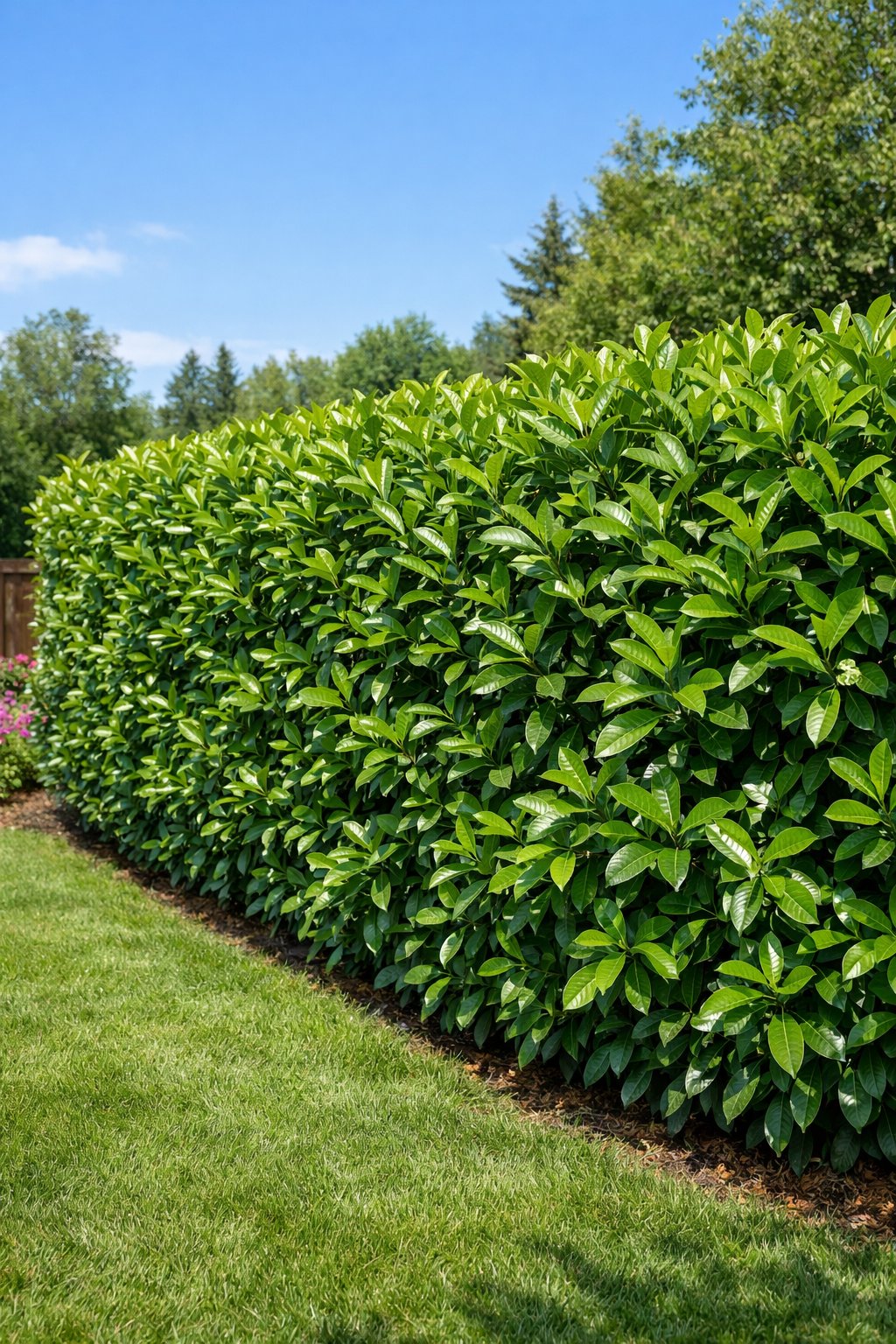 A dense Cherry Laurel hedge forming a natural fence along the edge of a backyard garden with grass and trees.