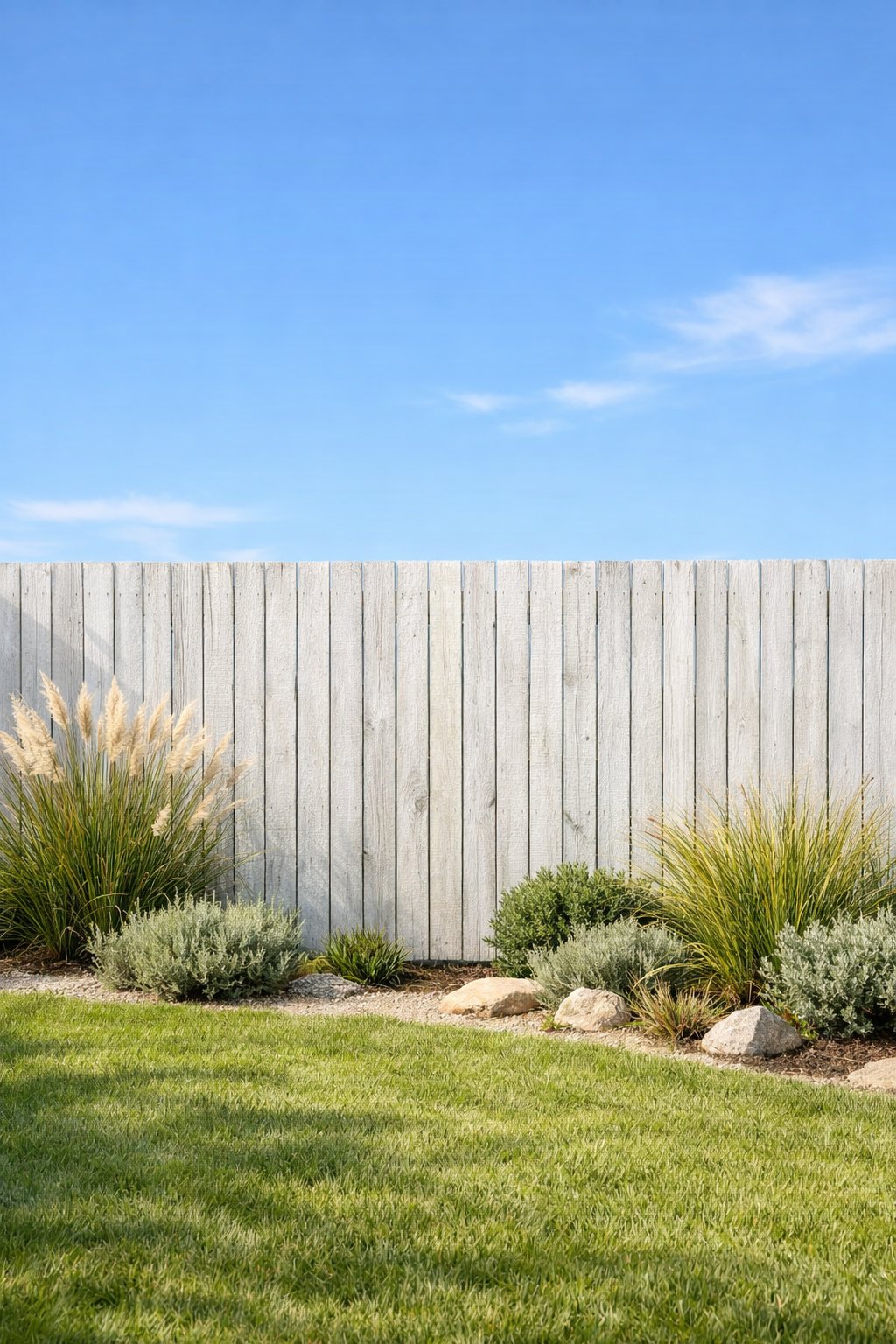 Backyard with a whitewashed wood fence surrounded by green grass and coastal plants under a clear blue sky.