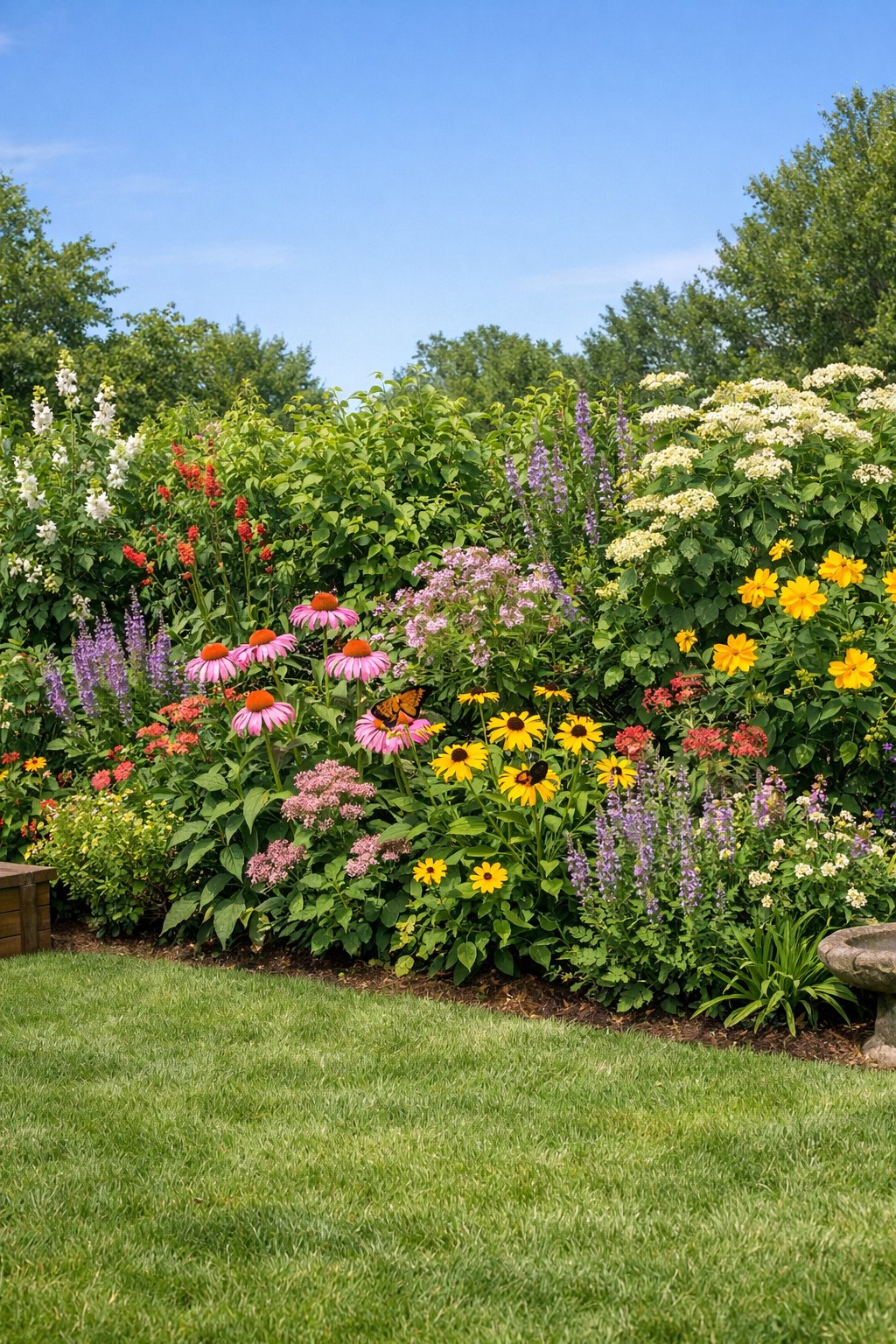 A backyard with a dense fence made of various native plants and flowers attracting bees and butterflies.