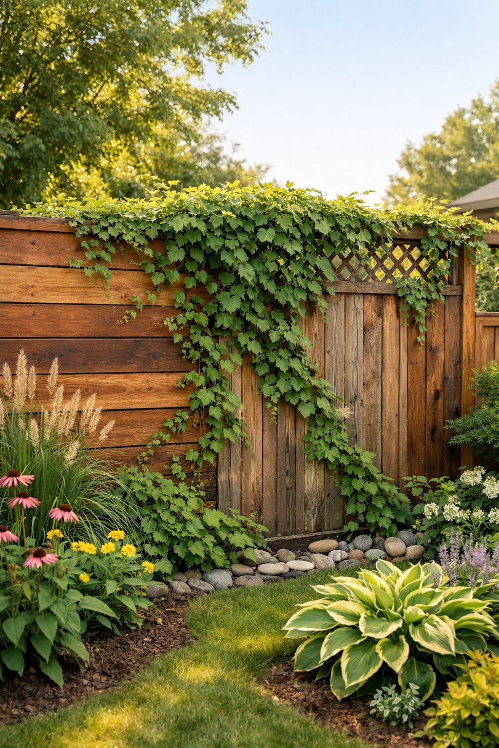 A wooden backyard fence covered with green climbing vines surrounded by garden plants under soft sunlight.