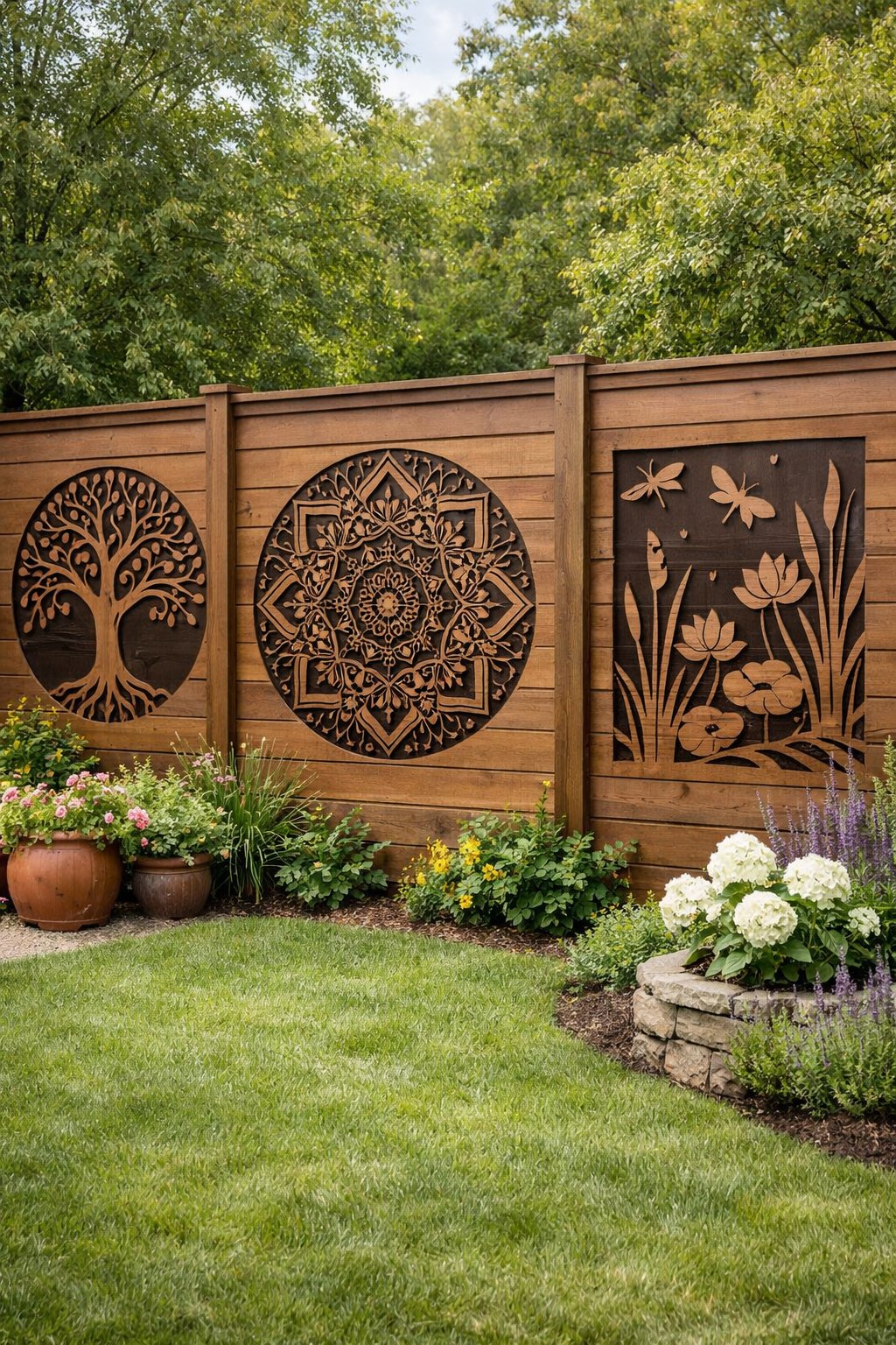 A backyard with a wooden fence featuring decorative cutout panels and surrounding greenery.