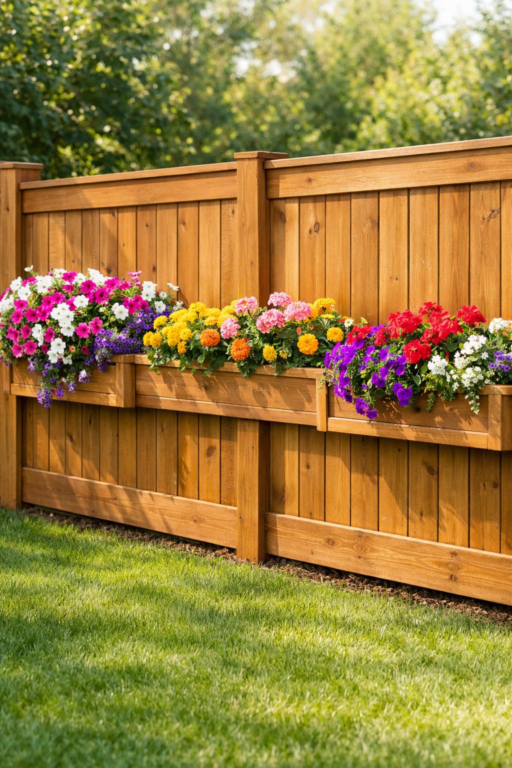 A wooden backyard fence with built-in planter boxes filled with colorful blooming flowers, surrounded by green grass under natural sunlight.