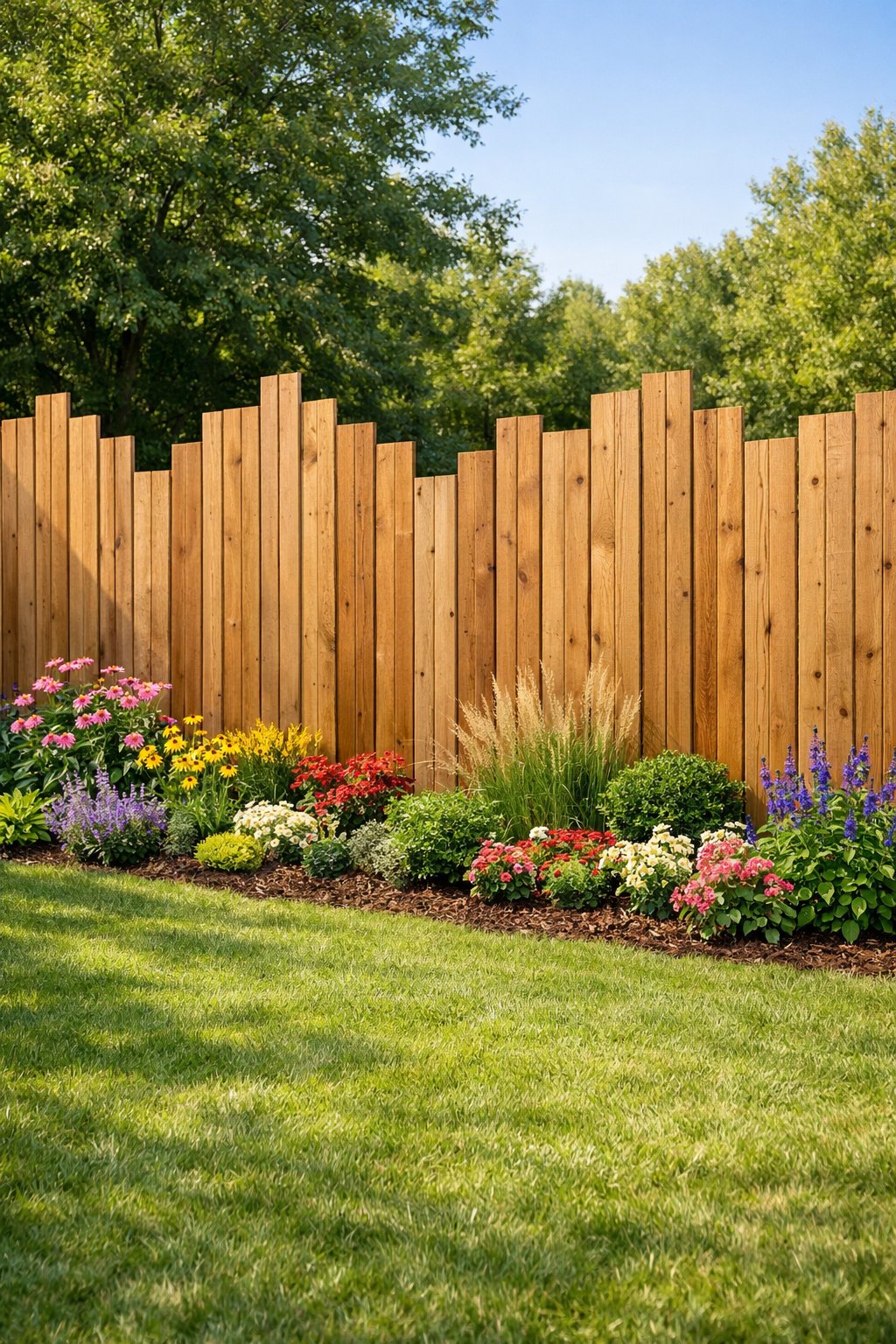 Backyard with a wooden fence of varying heights and a green lawn with flowers along the fence.