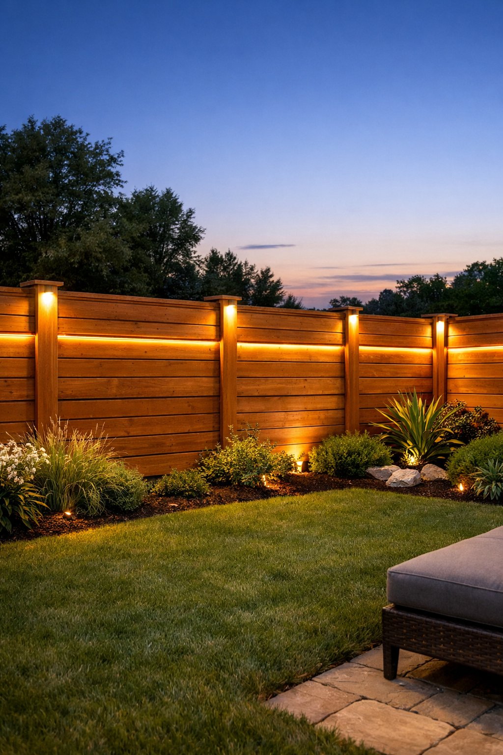 A wooden backyard fence with built-in warm lights glowing softly, surrounded by green grass and garden plants at dusk.