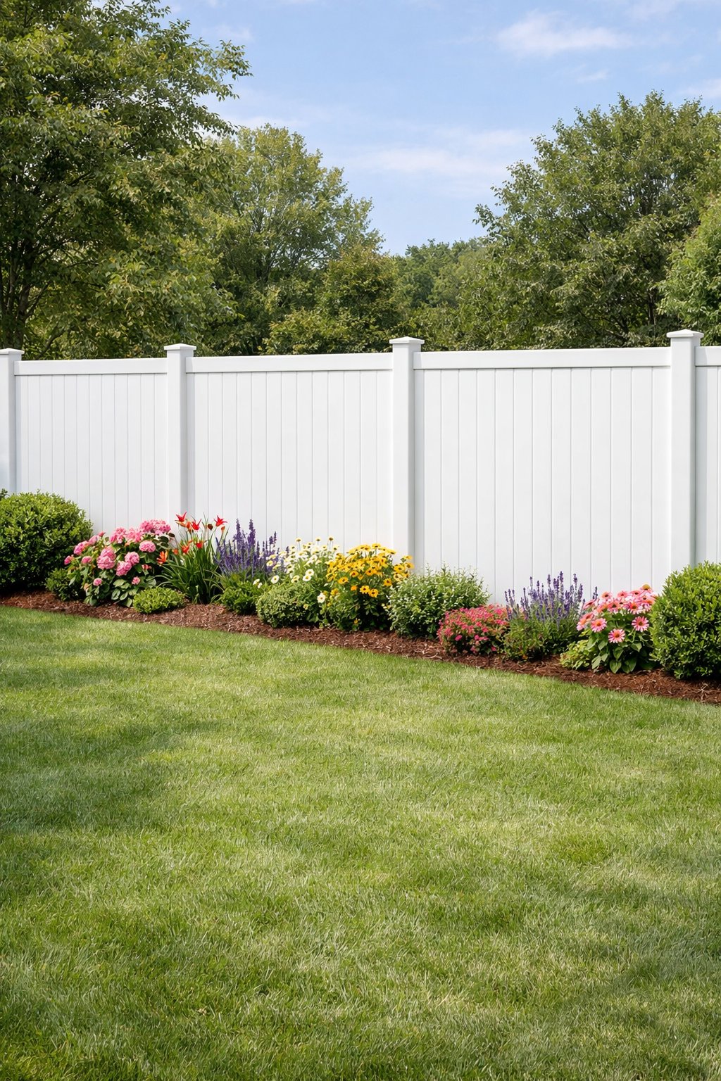 A backyard with white privacy fence panels surrounded by green grass and colorful flowers.