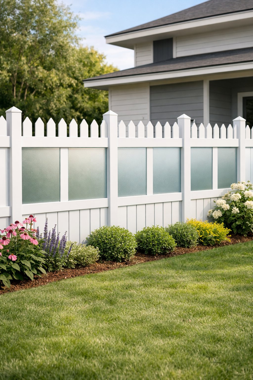 A backyard with a white picket fence that has frosted glass panels, surrounded by green grass and flowering plants.