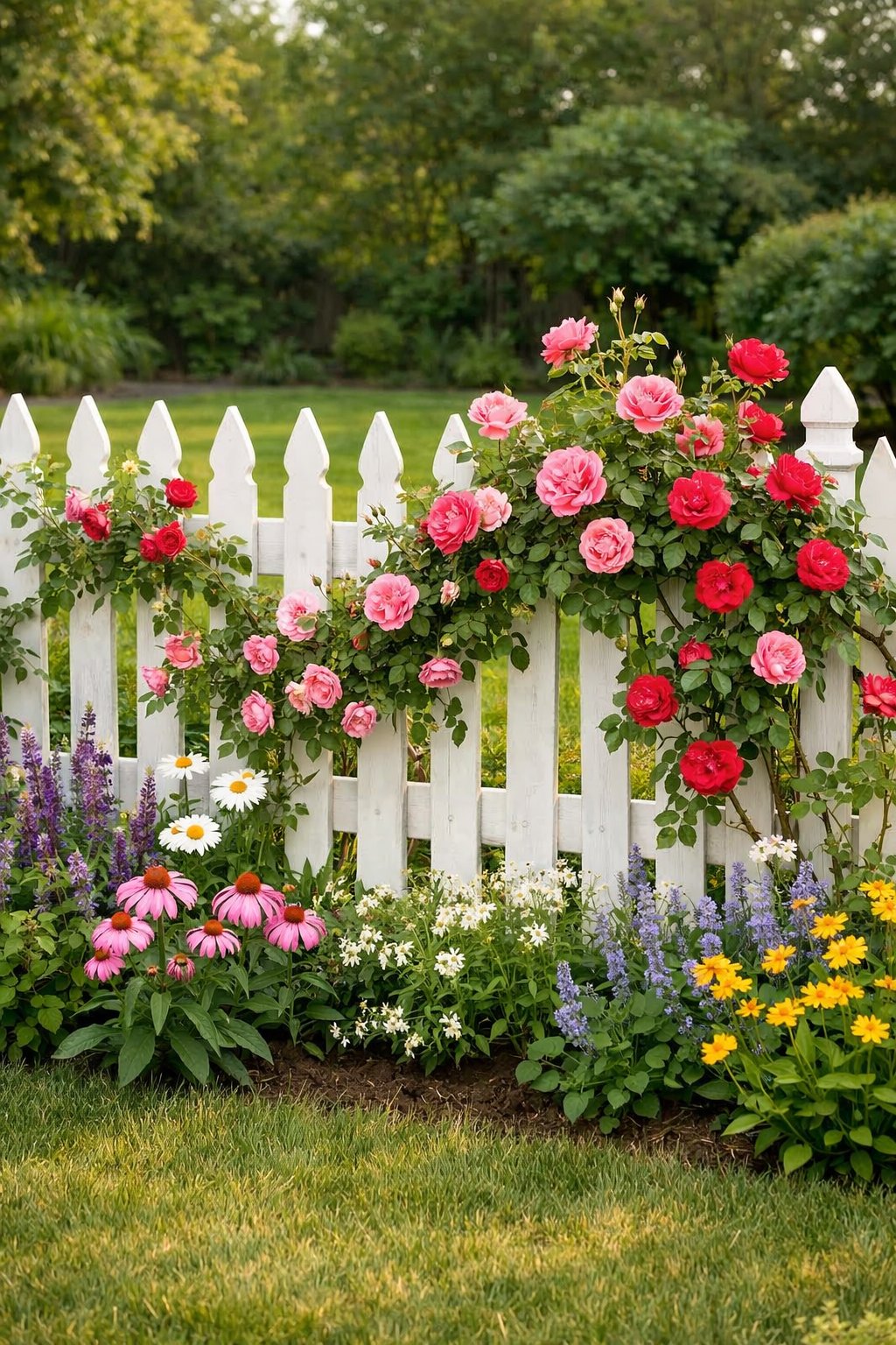 A white picket fence in a backyard with climbing roses and surrounding garden plants.