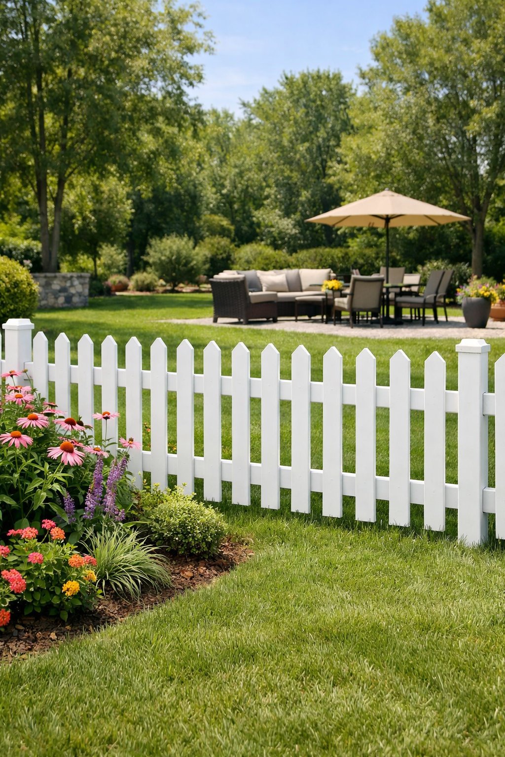 Backyard with a 3-foot tall white picket fence separating a lawn and flower beds from a patio and trees in the background.