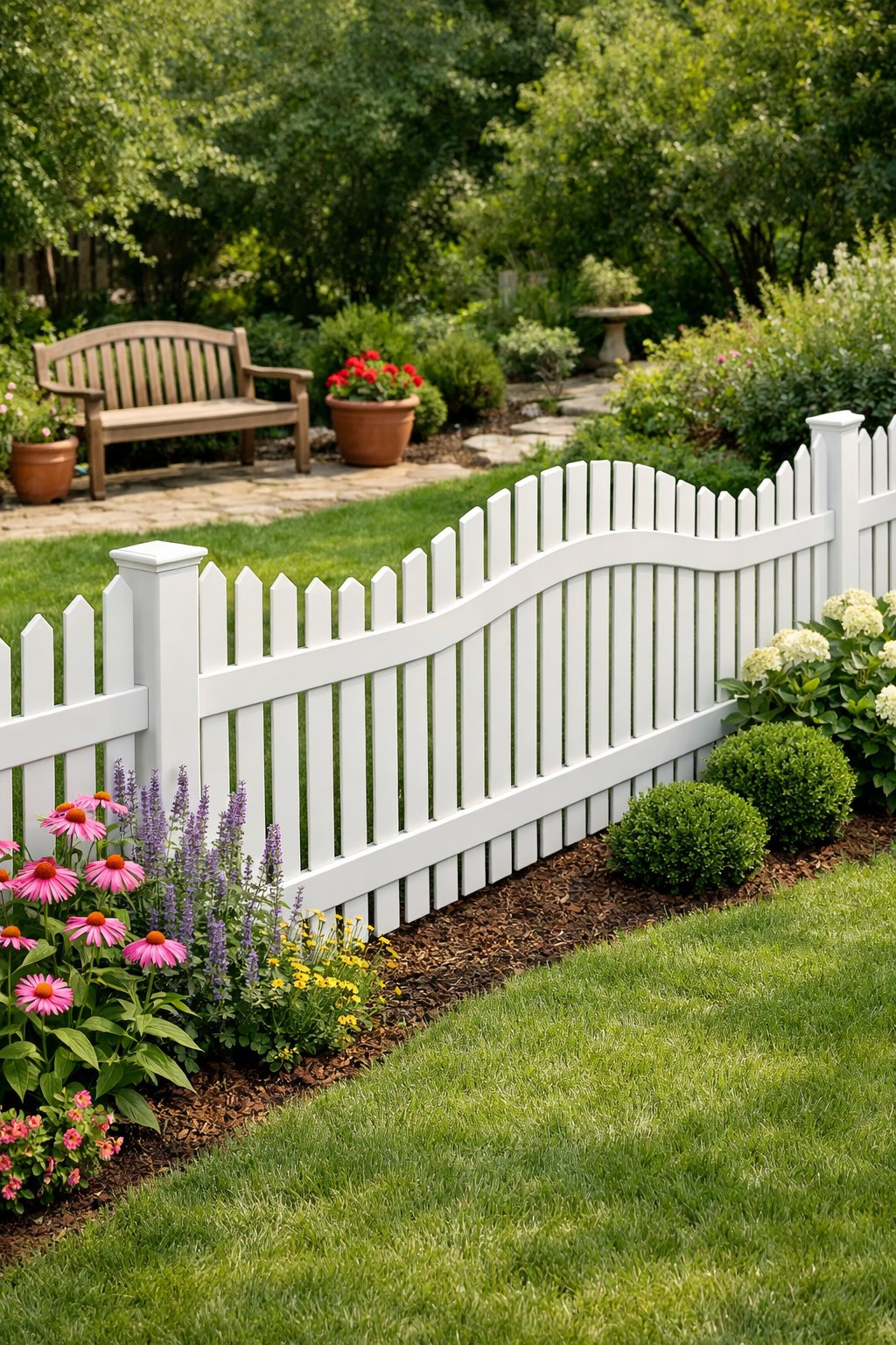 A backyard with a white picket fence featuring an arched top, surrounded by green grass, flowering plants, and garden elements.