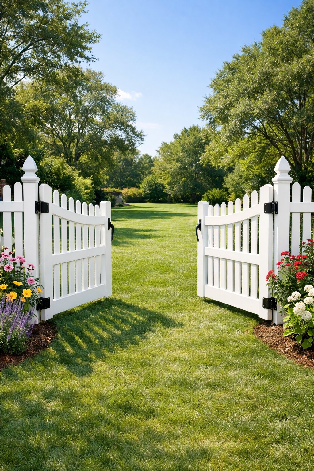 A double gate white picket fence opening into a spacious backyard with green grass, flowering plants, and trees under a clear sky.