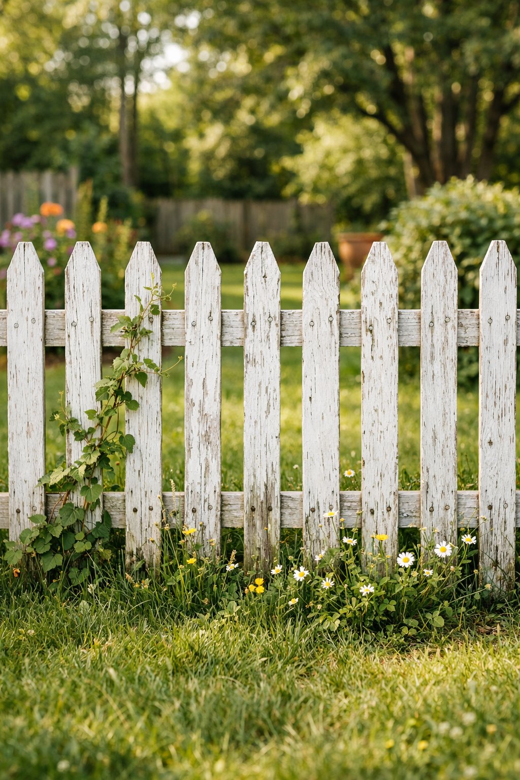 A weathered white wooden picket fence in a backyard with green grass, flowers, and trees in the background.