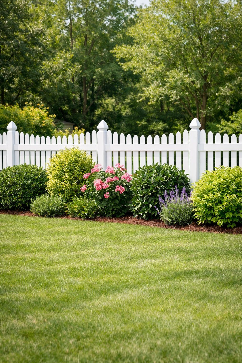 Backyard with a white picket fence and green shrubs planted along it under natural daylight.