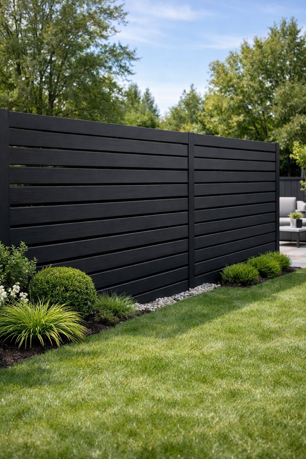 Backyard with a black horizontal slat wood fence surrounded by grass and plants.