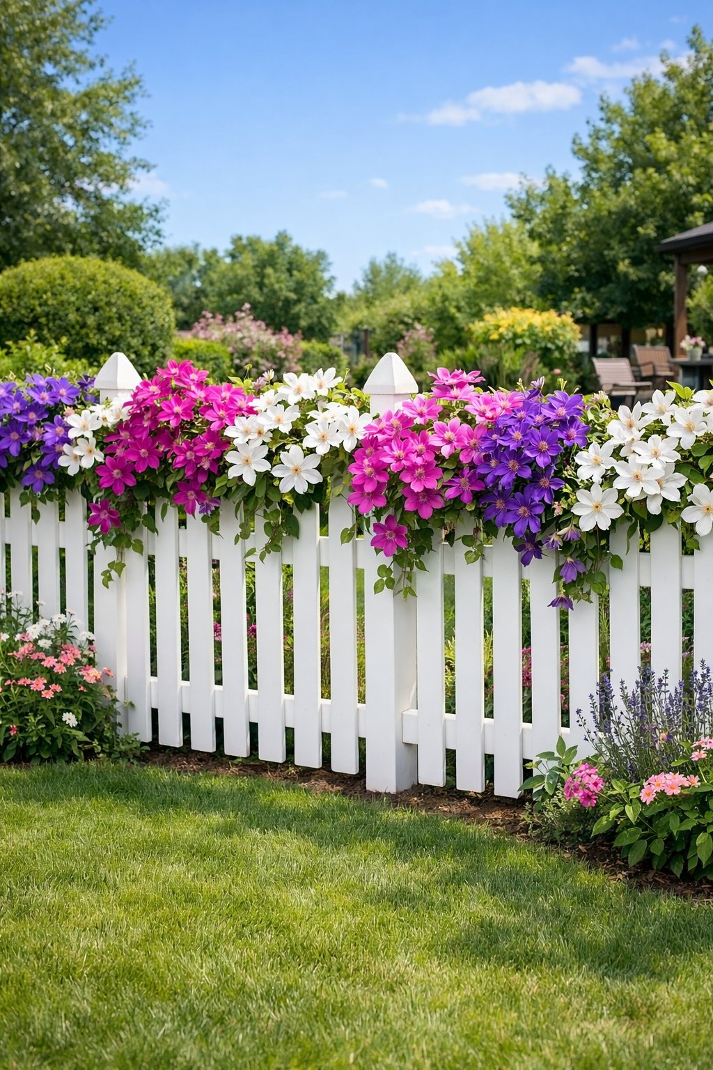A white picket fence in a backyard topped with colorful climbing clematis flowers surrounded by green grass and garden plants under a clear sky.