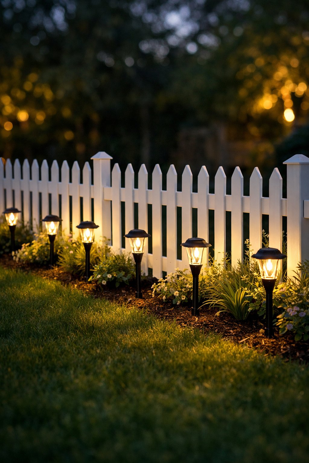 A white picket fence in a backyard at night, lined at the base with glowing solar garden lights.