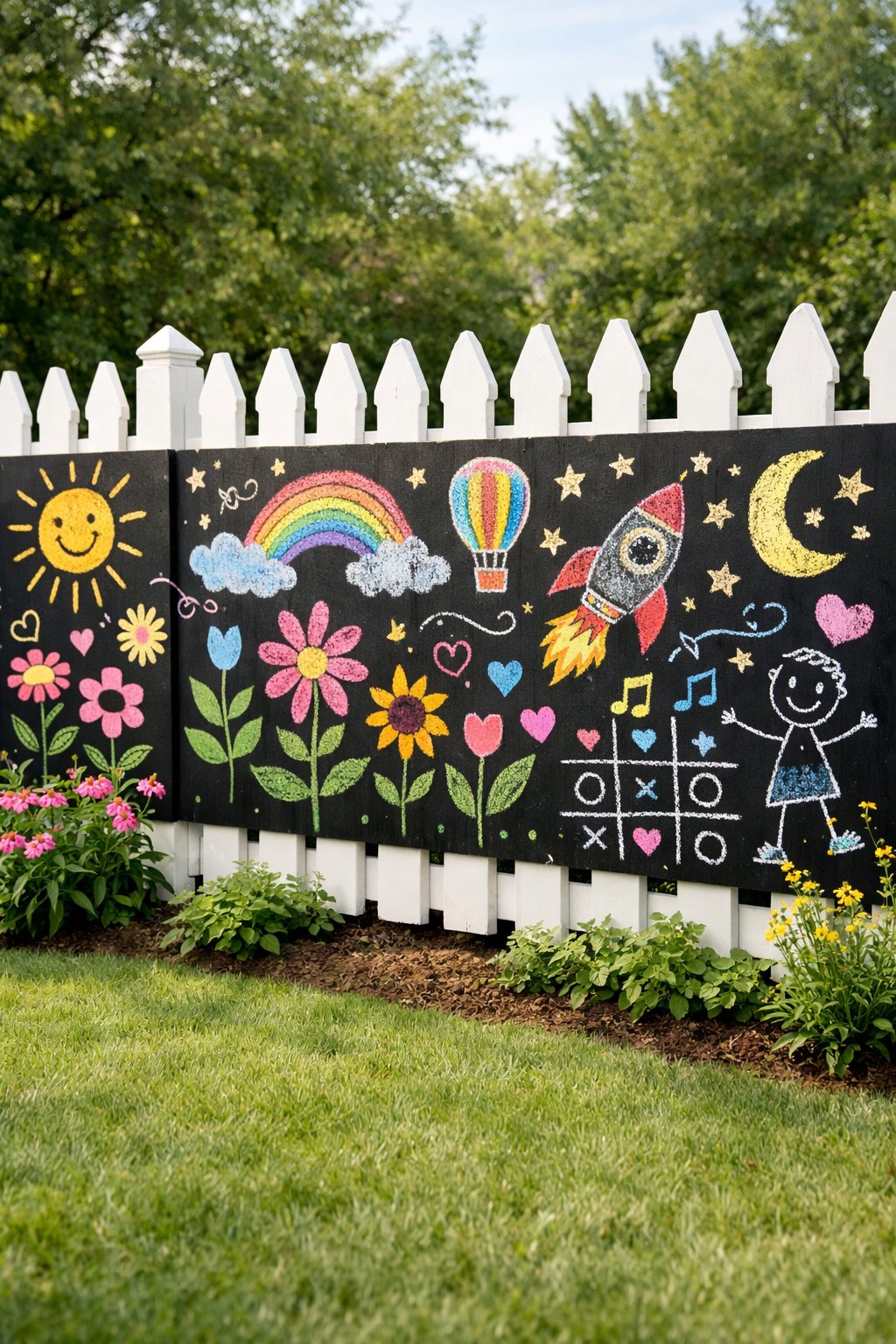 A white picket fence in a green backyard painted with black chalkboard paint covered in colorful chalk drawings.