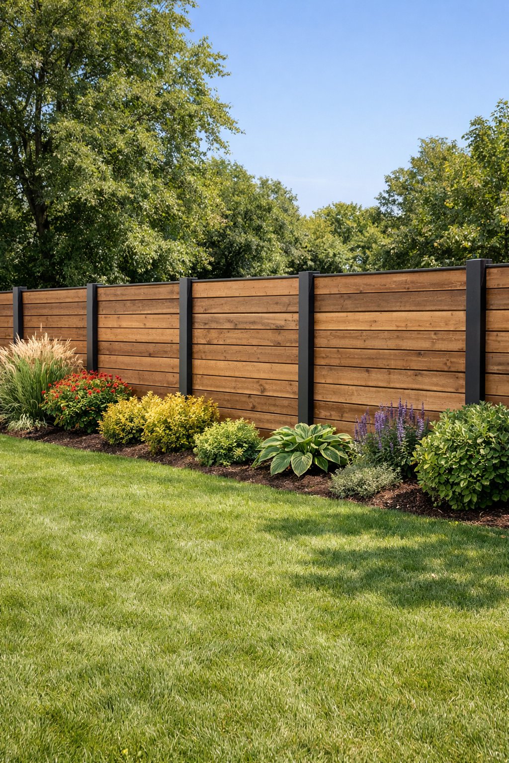 A backyard with a horizontal wood fence supported by metal posts, surrounded by green grass and plants.