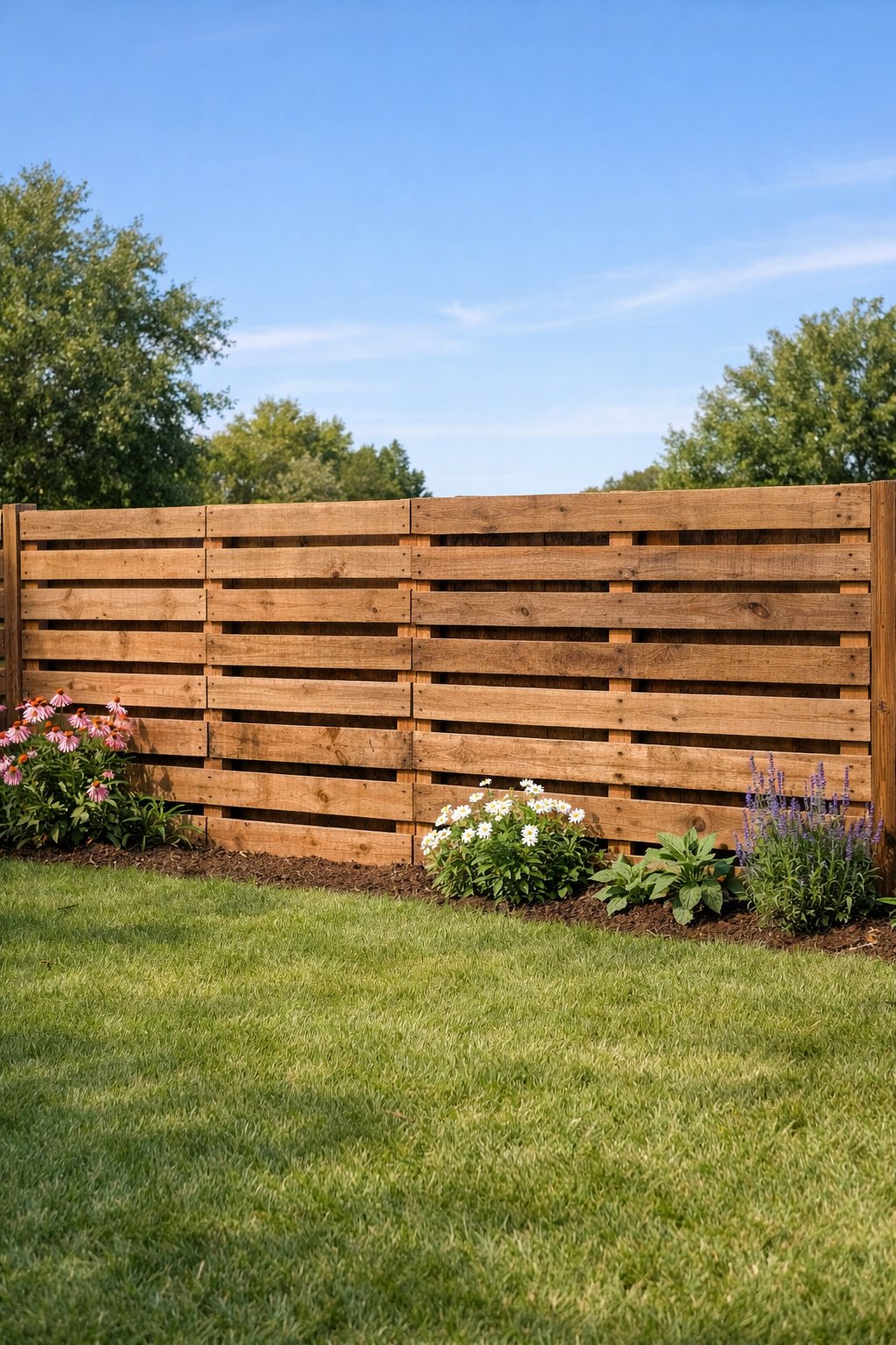 A backyard with a horizontal wooden pallet fence, green grass, and flowering plants under a clear sky.