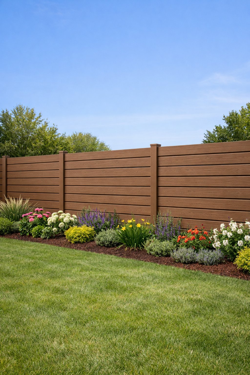 Backyard with a horizontal wood-style vinyl fence, green grass, flowering plants, and garden beds under a clear sky.