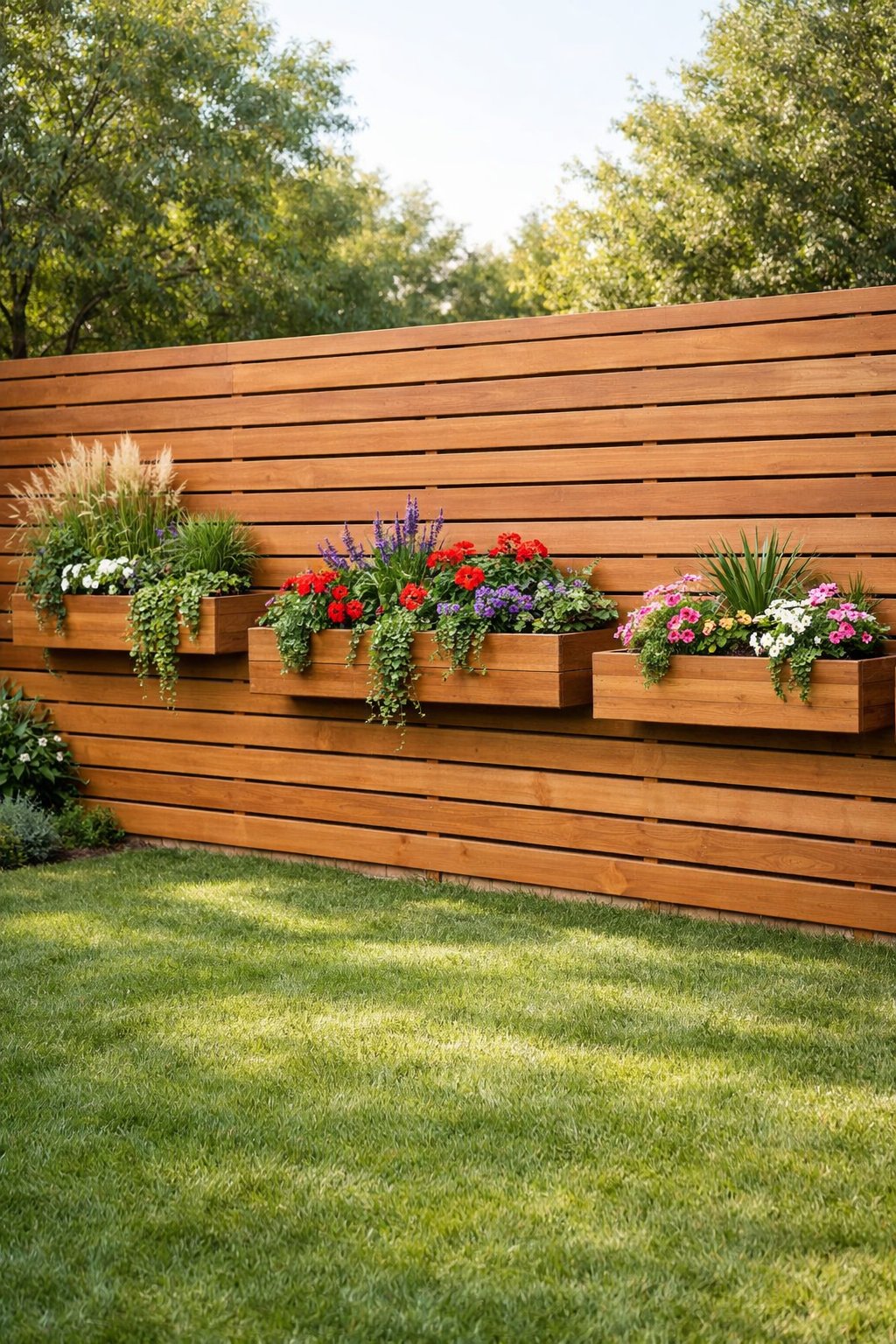 Backyard with a horizontal wooden slat fence featuring built-in planter boxes filled with green plants and flowers.