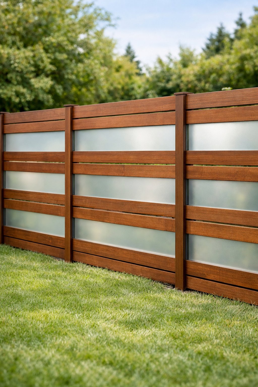 A backyard fence made of horizontal wooden slats with frosted glass panels between them, surrounded by green grass.