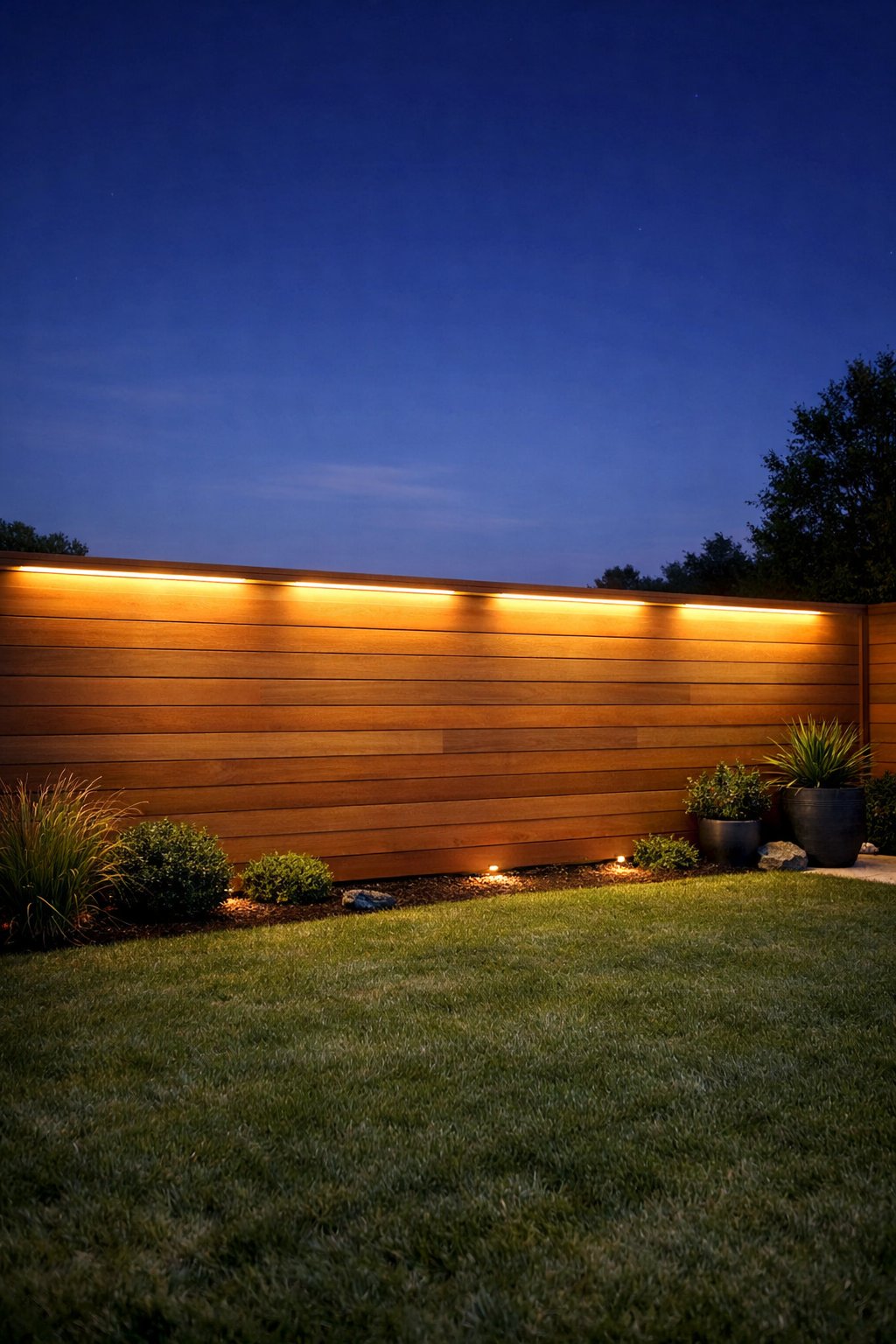 Backyard with a horizontal wooden fence featuring built-in LED lights glowing softly at night.