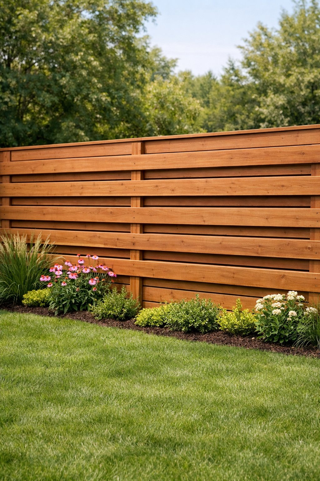 Backyard with a double-layered horizontal wood fence surrounded by green grass and plants.