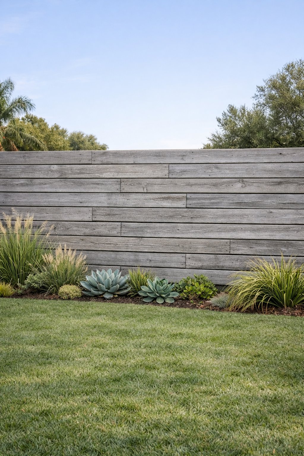 A backyard with a long horizontal wooden fence and green grass with plants along the fence.