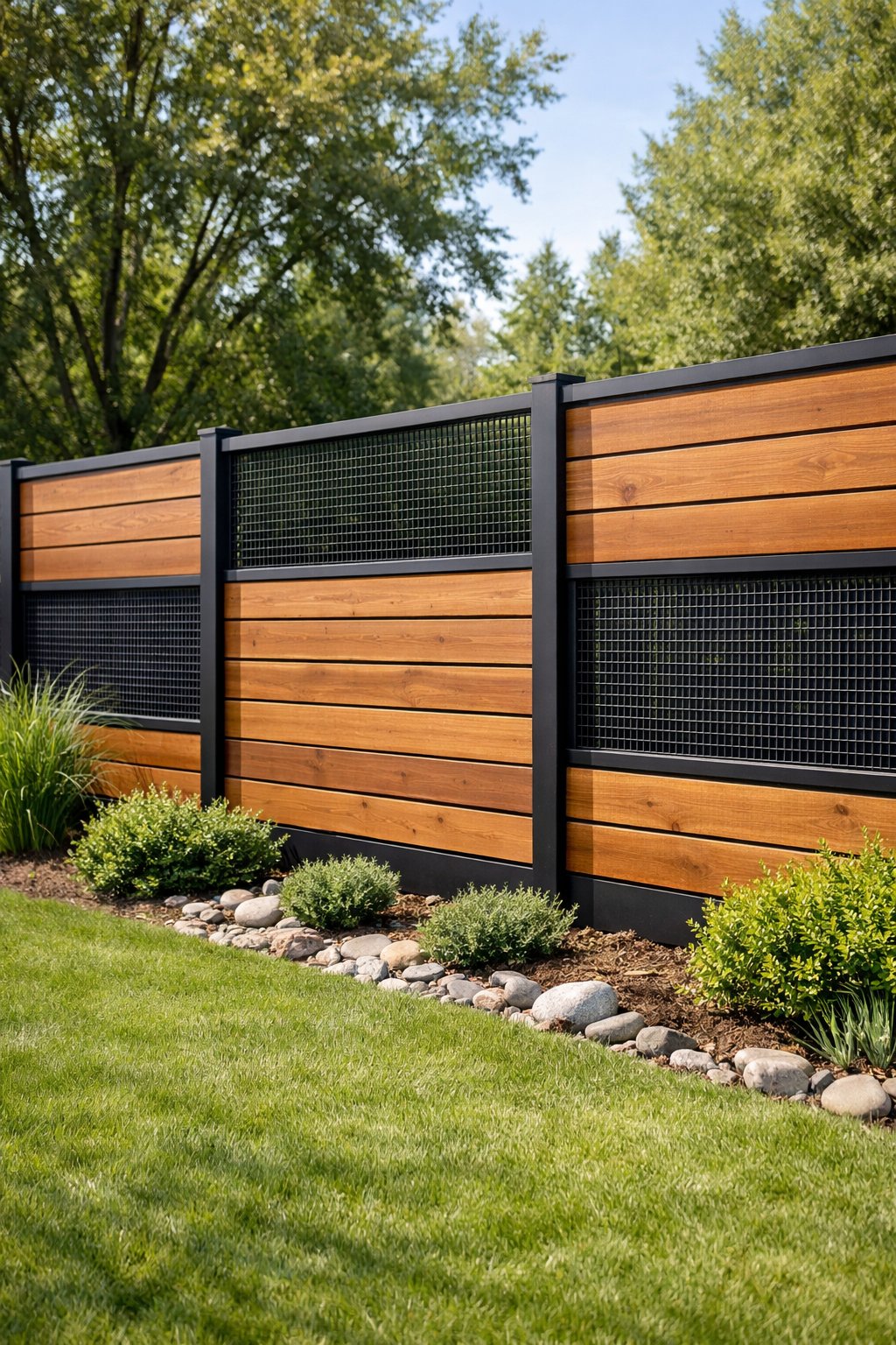 Backyard with a horizontal wood fence featuring metal mesh panels and green grass.