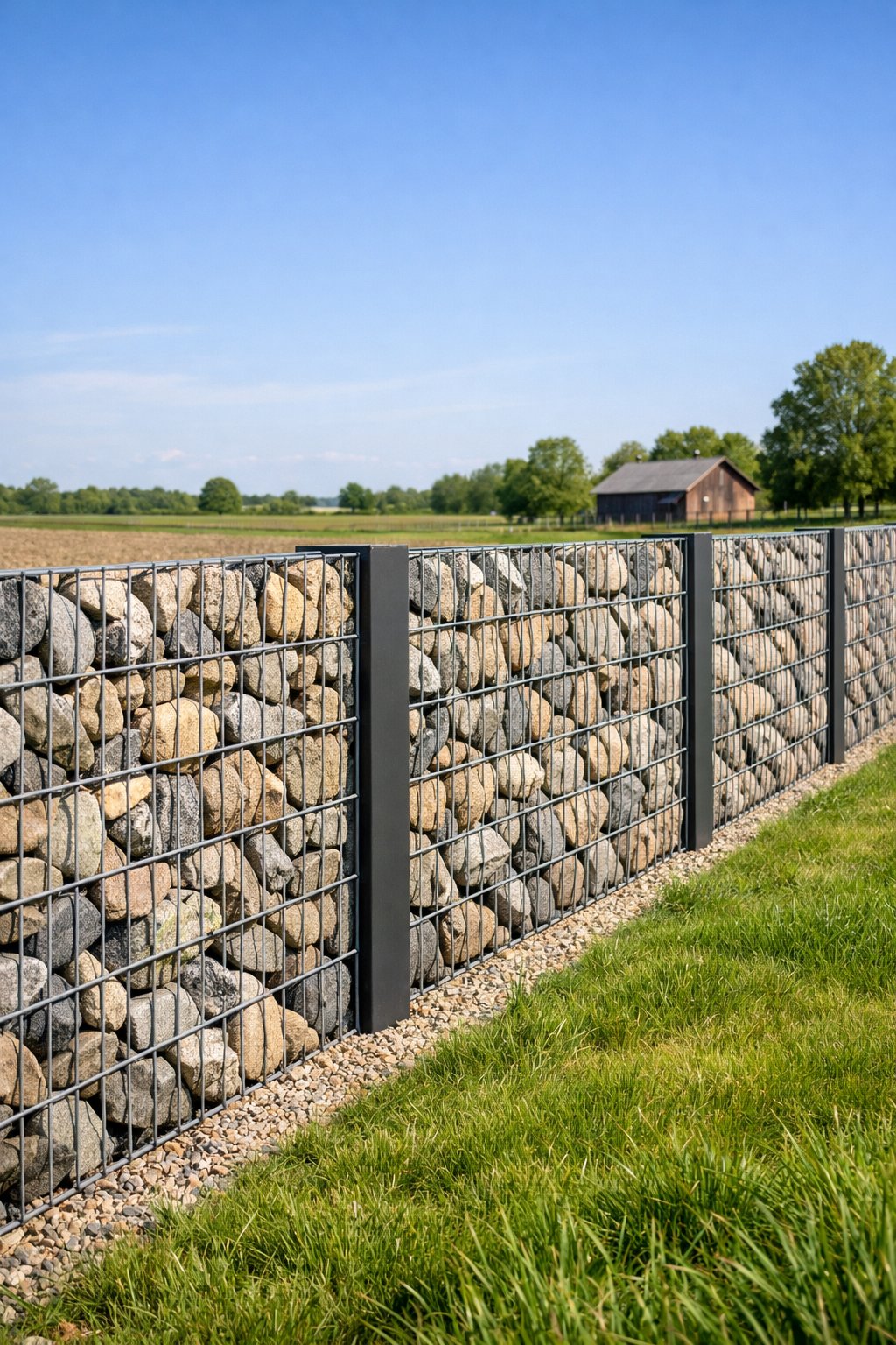 A stone-filled wire basket fence on a farm with green grass and farmland in the background under a clear blue sky.