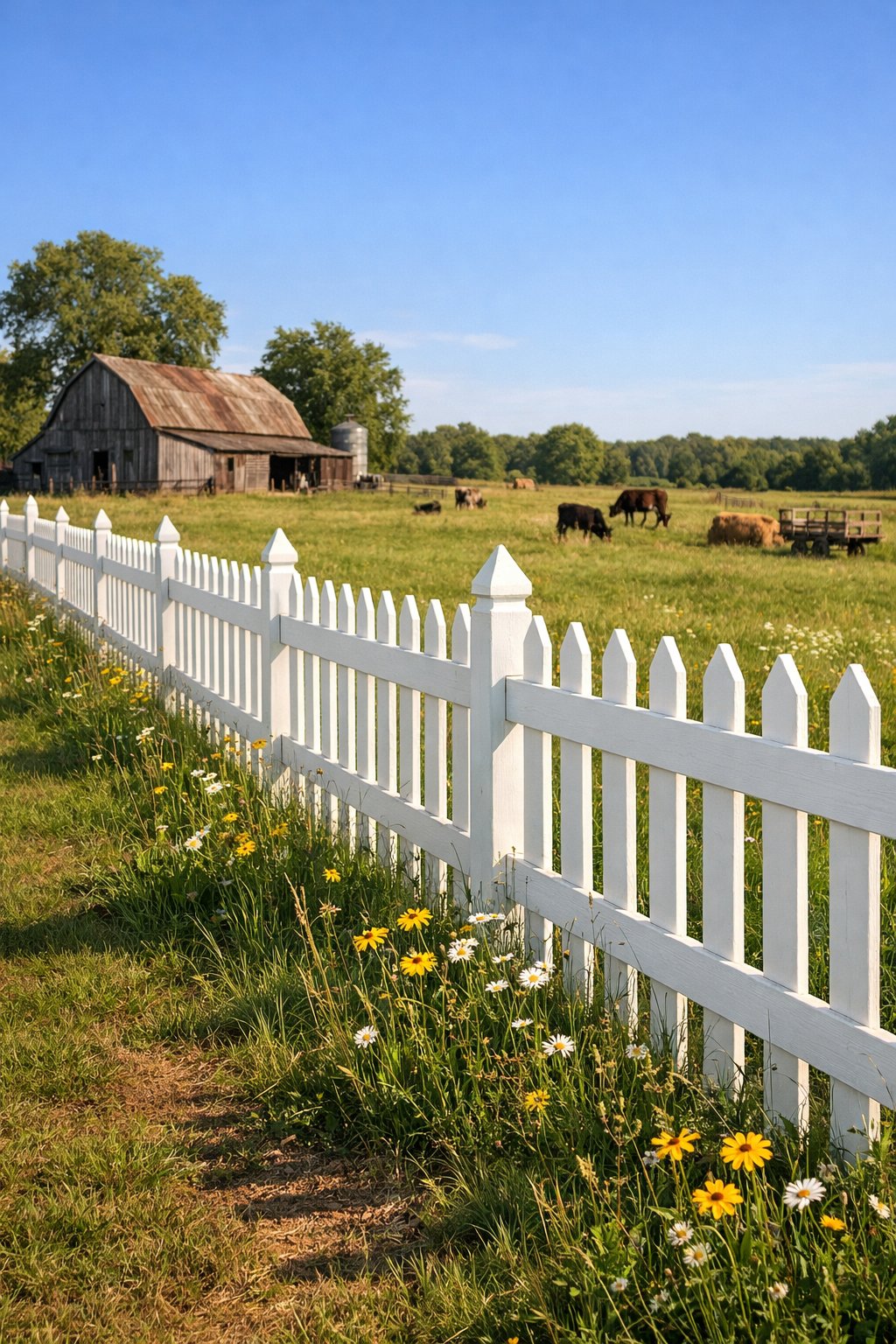 A white picket fence beside a green field with wildflowers, a wooden barn, and grazing animals in the background under a clear sky.