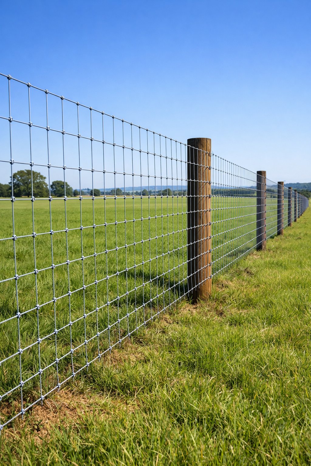 A strong high-tensile wire fence running across a large green pasture with wooden posts and rolling hills in the background.