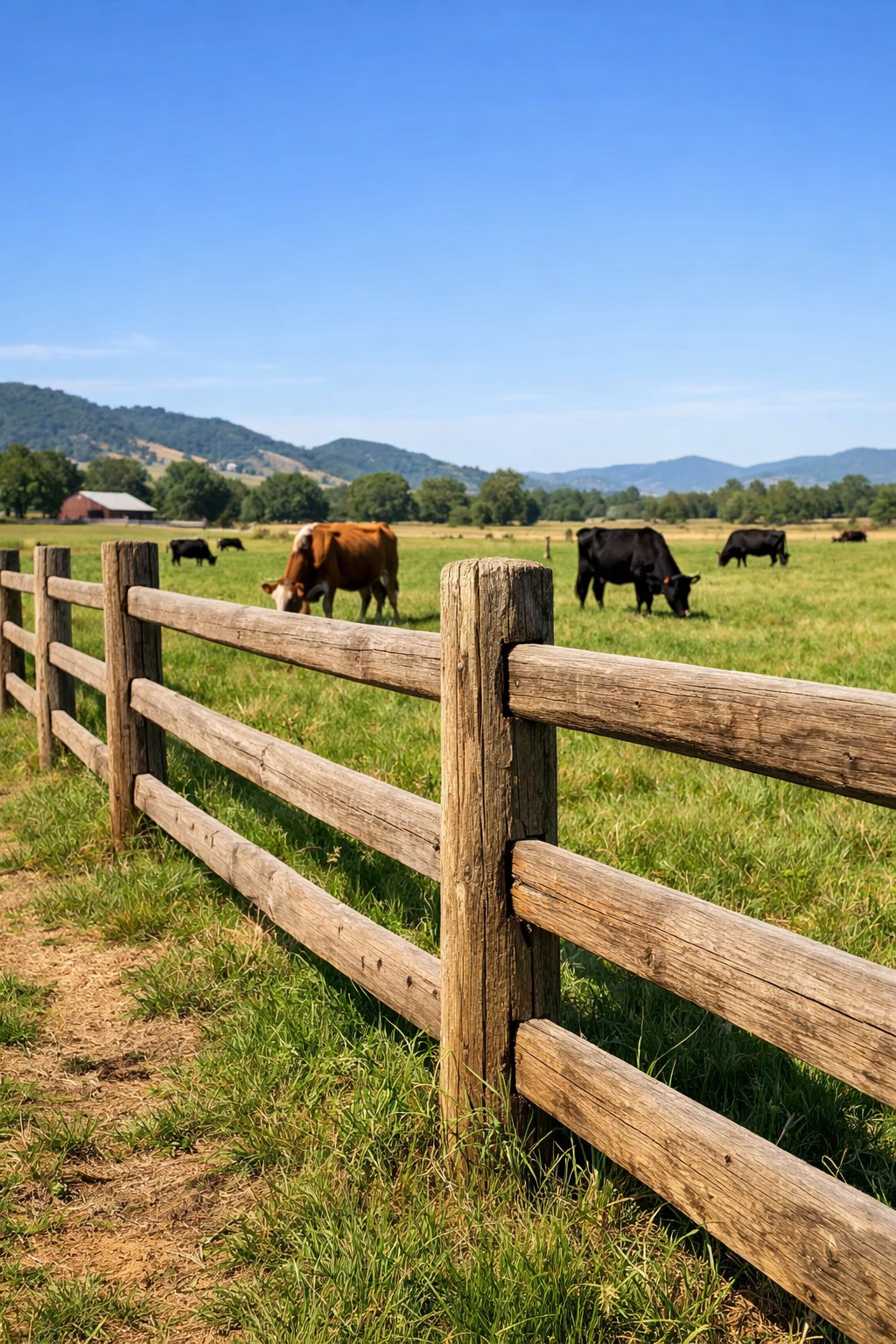 A wooden post and rail fence enclosing a green pasture with cattle grazing under a clear blue sky.