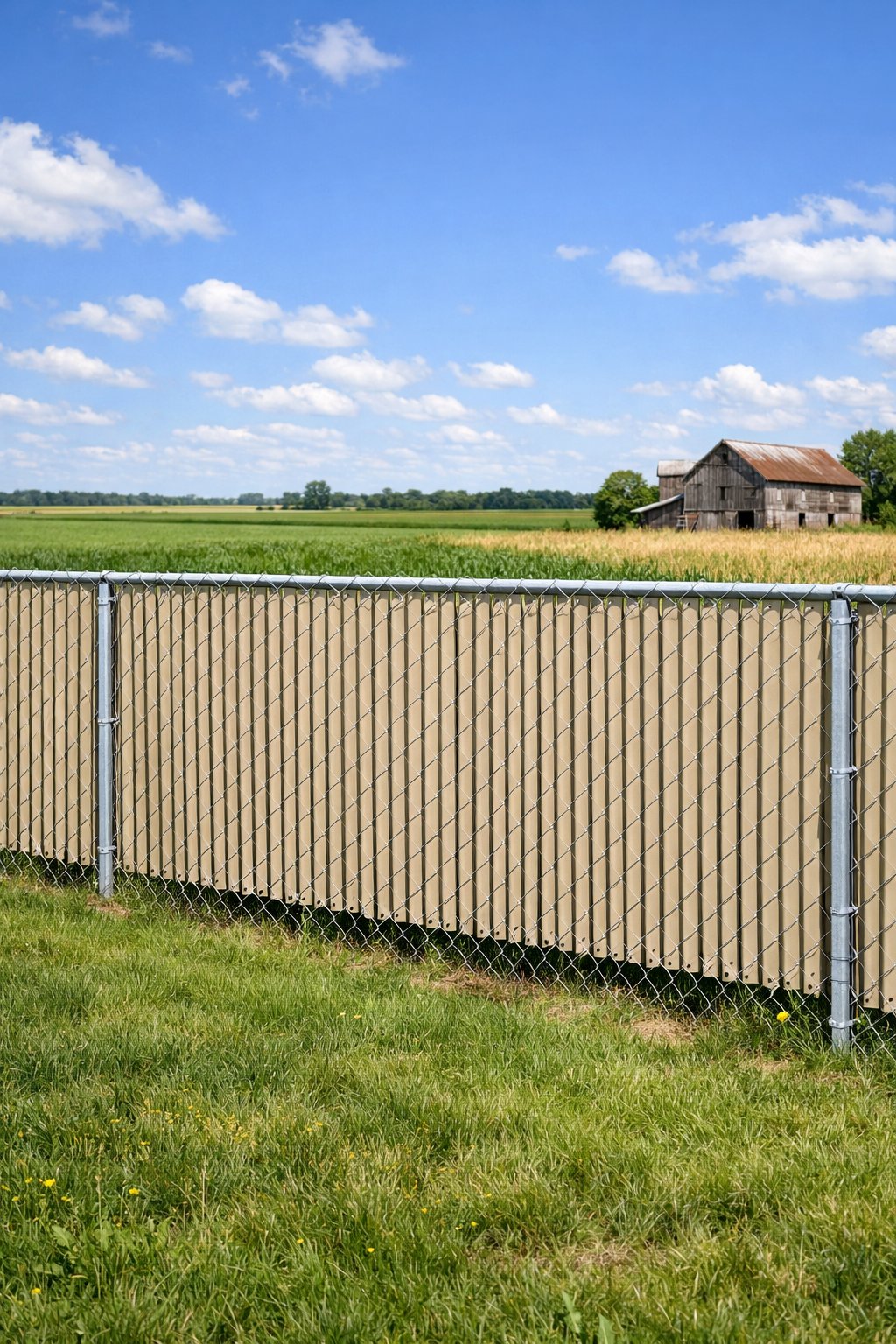 Chain link fence with privacy slats on a farm, with fields and a barn visible in the background.