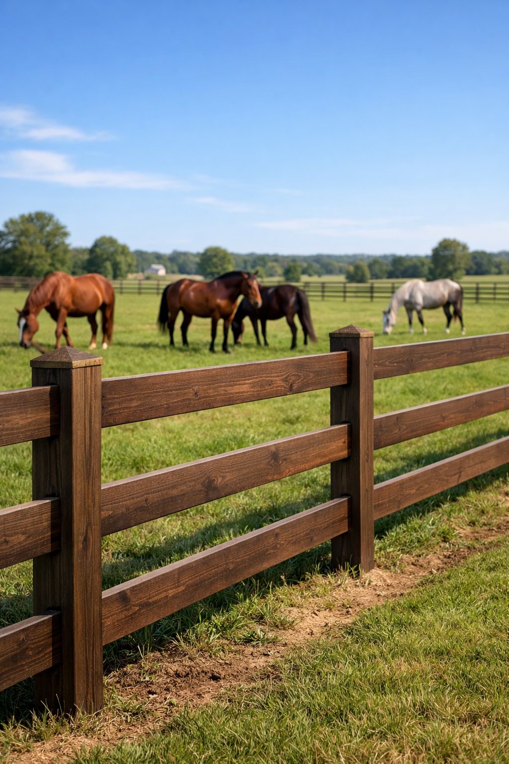 A wooden horse rail fence with horses grazing in a green field under a clear blue sky.