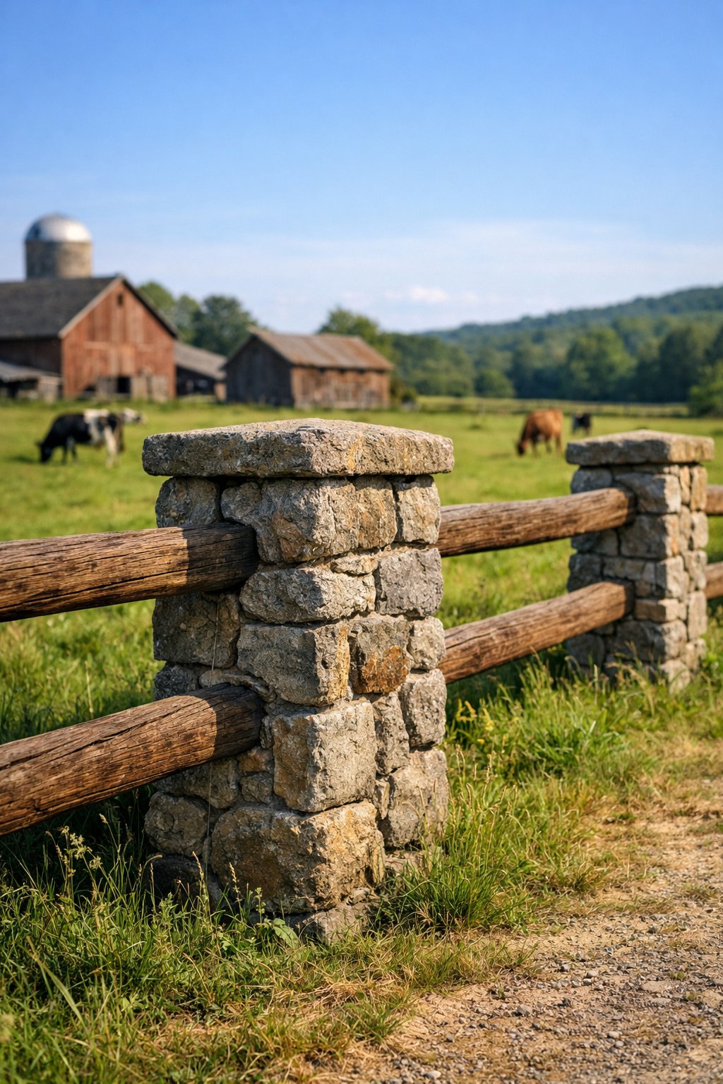A stone pillar fence with wooden rails in a green farm field under a blue sky.
