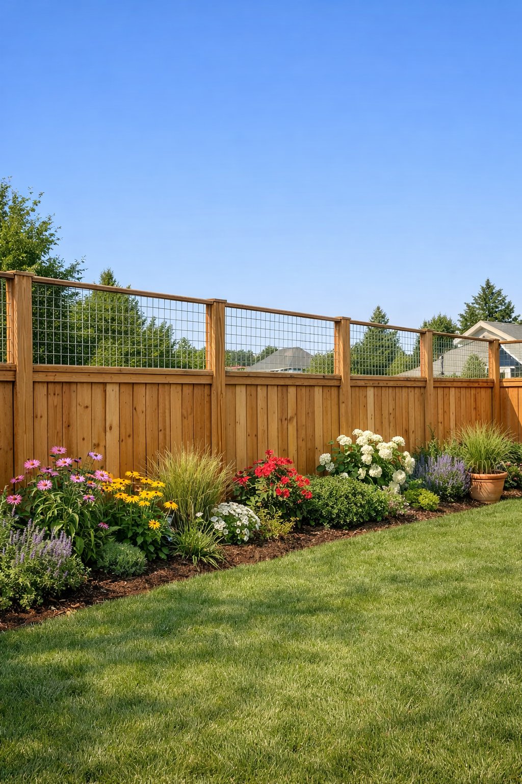 Backyard with wooden fences topped by hog wire panels surrounded by green grass and plants under a clear sky.