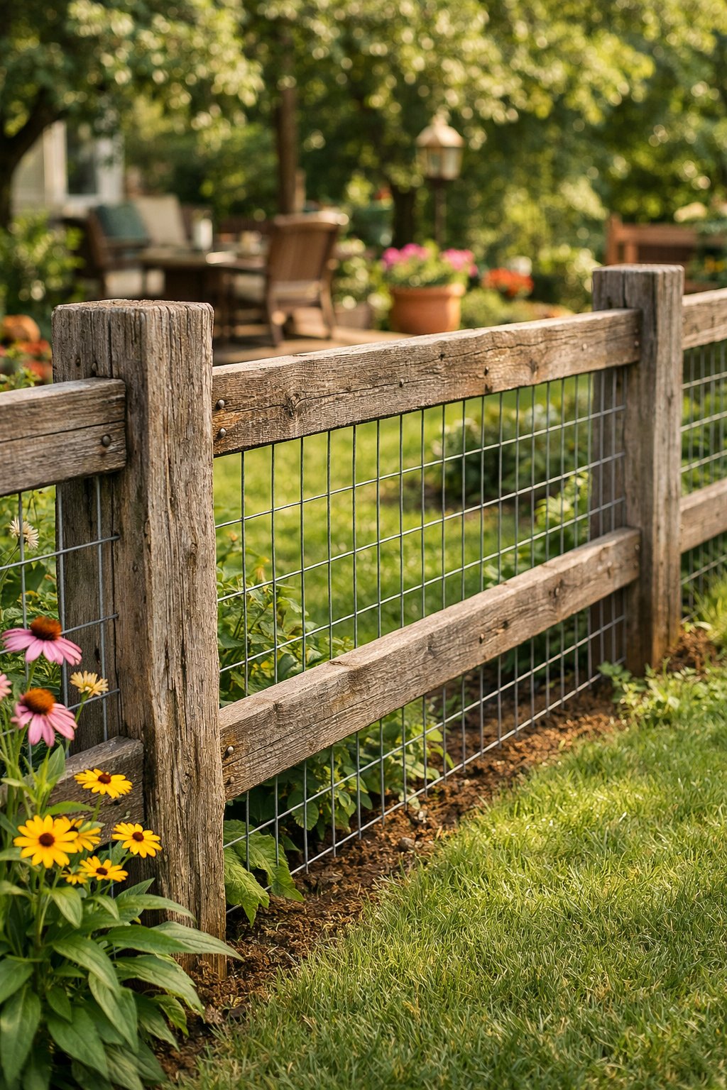 A backyard fence made of rustic wooden posts and hog wire surrounded by green plants and flowers.
