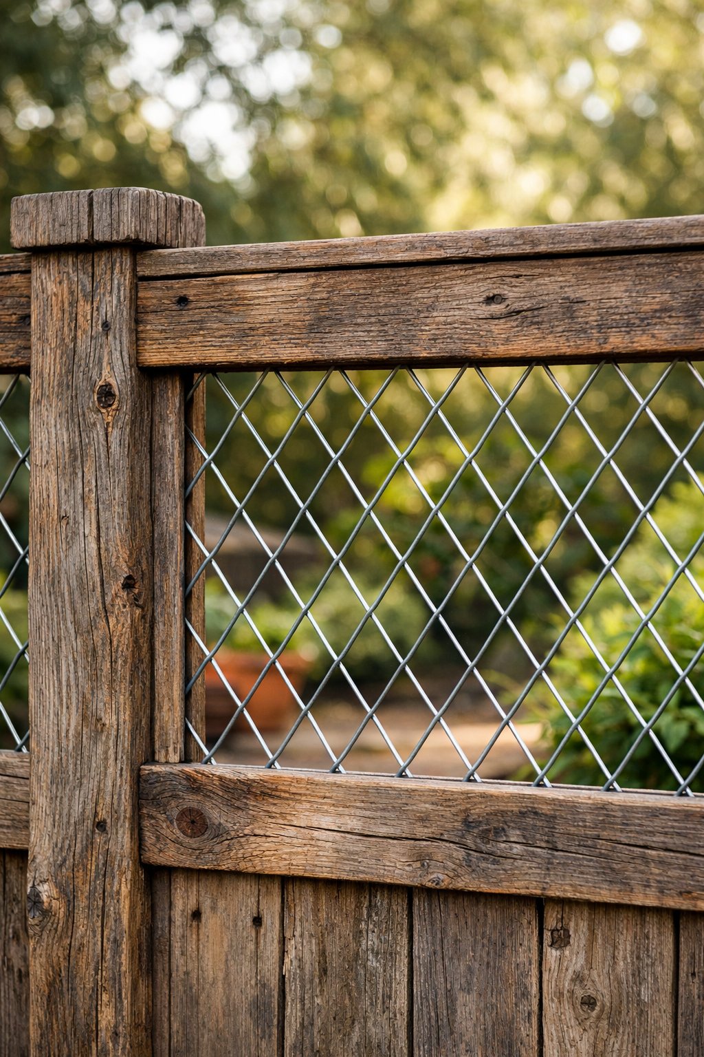 Close-up of a backyard fence made of hog wire framed with reclaimed barn wood, with a garden visible in the background.