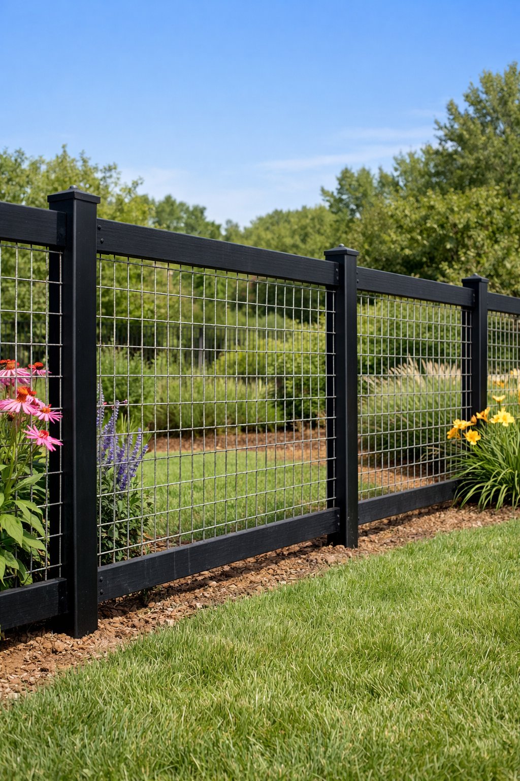 Backyard fence made of black metal posts and hog wire mesh surrounding a garden with grass and plants.