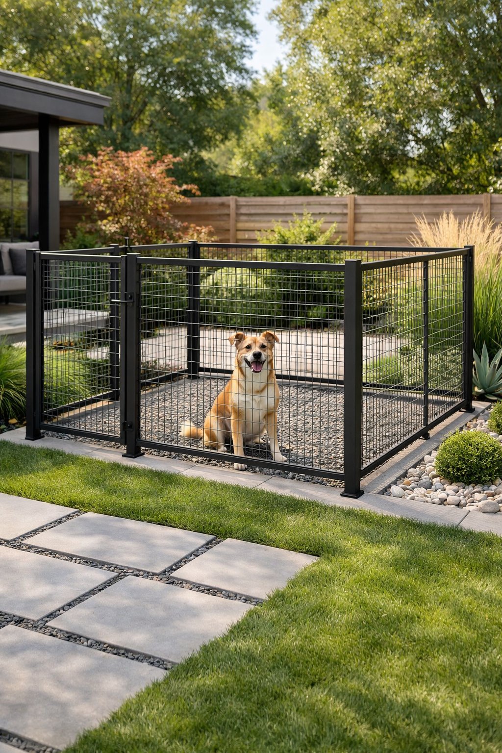 A backyard with a secure hog wire dog run enclosing a medium-sized dog, surrounded by green grass and plants.