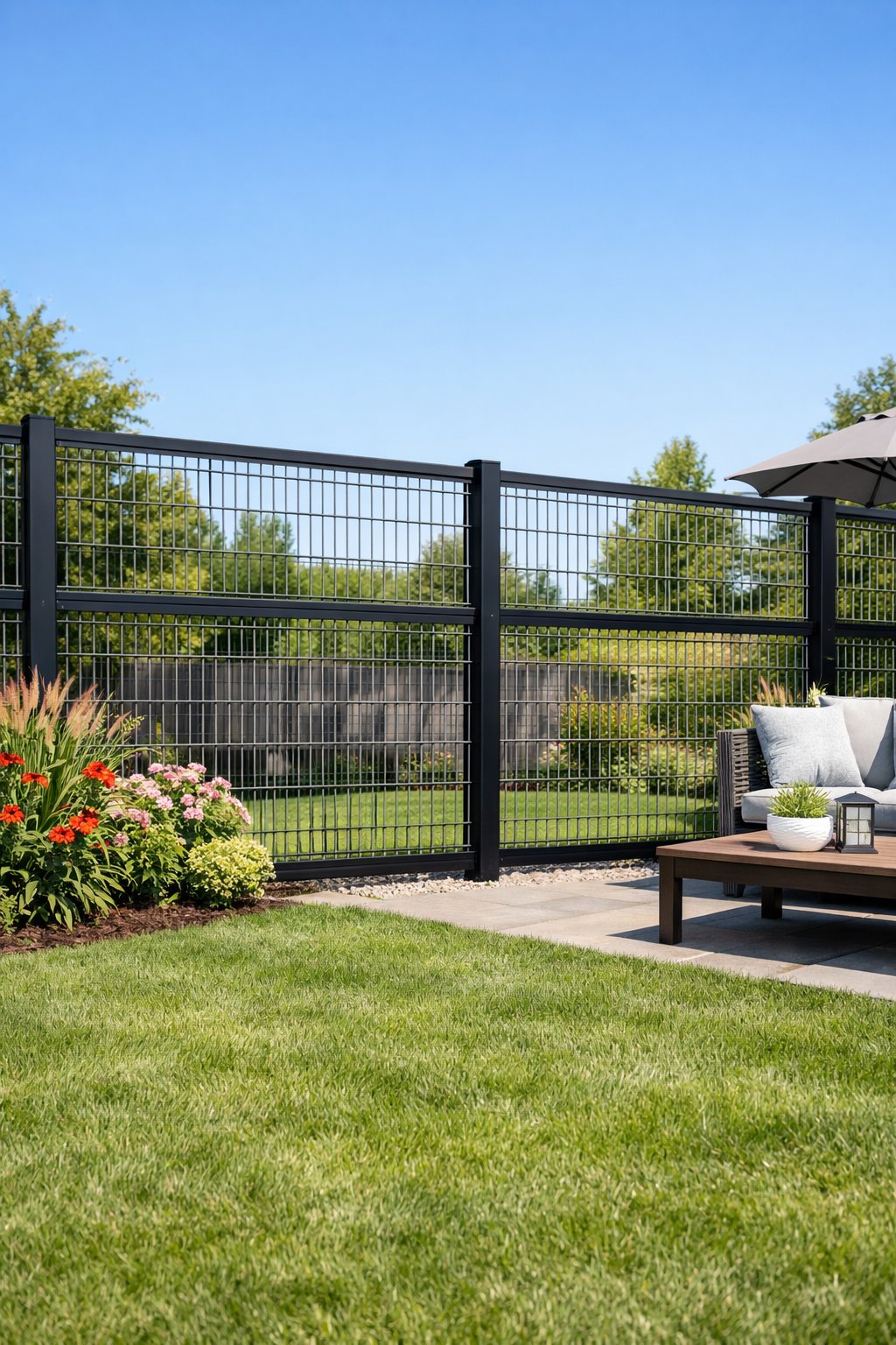 Backyard with double-layered hog wire fence panels, green grass, flowering plants, and outdoor furniture.