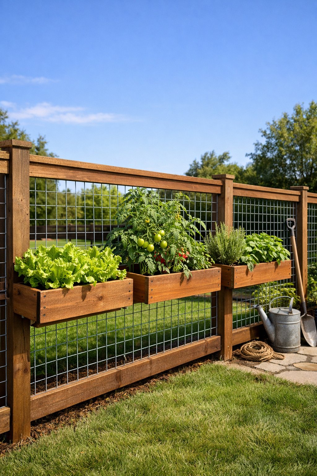 Backyard hog wire fence with attached wooden planter boxes growing various green vegetables.