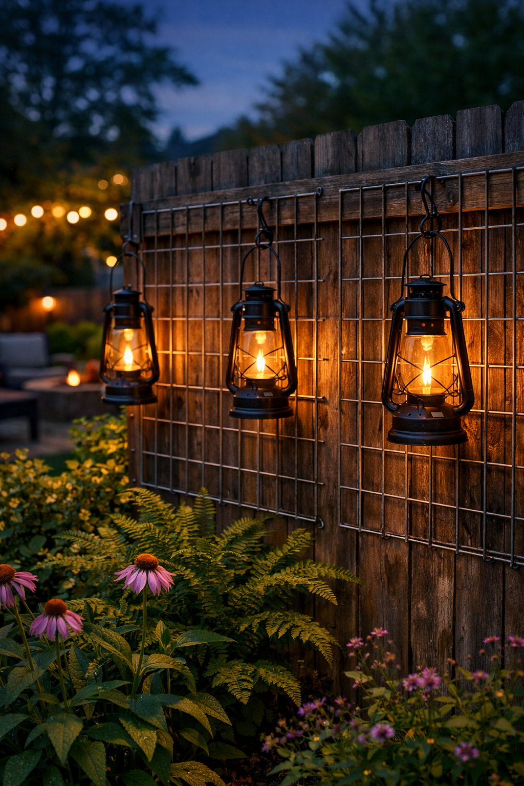 A backyard at dusk with vintage lanterns hanging on hog wire panels attached to a wooden fence, softly lighting the garden area.