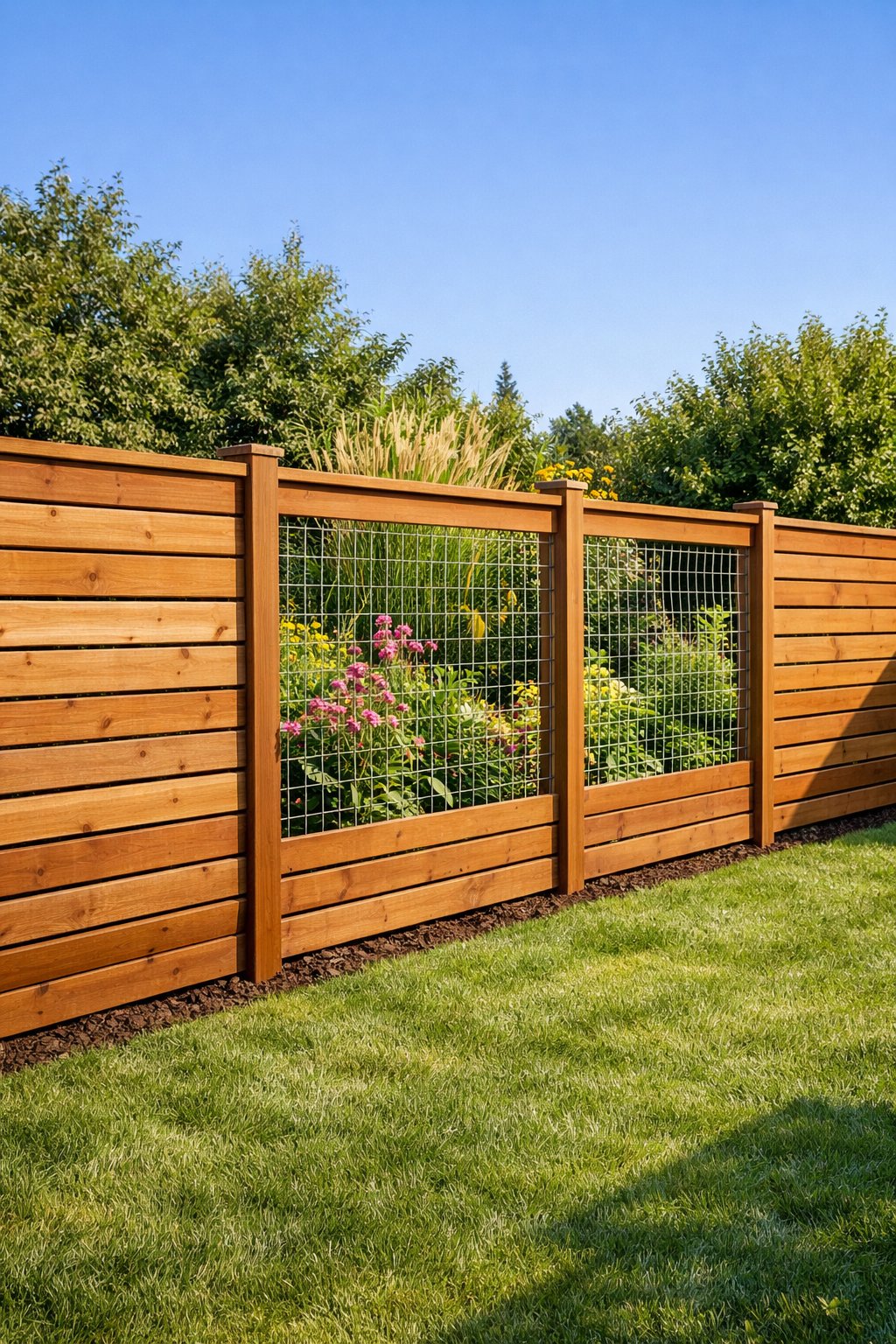 Backyard privacy fence made of horizontal wooden slats alternating with hog wire panels surrounded by green plants and lawn.