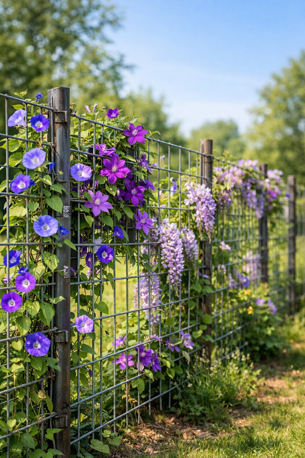 A metal cattle panel fence covered with colorful flowering vines in a green garden under a clear sky.