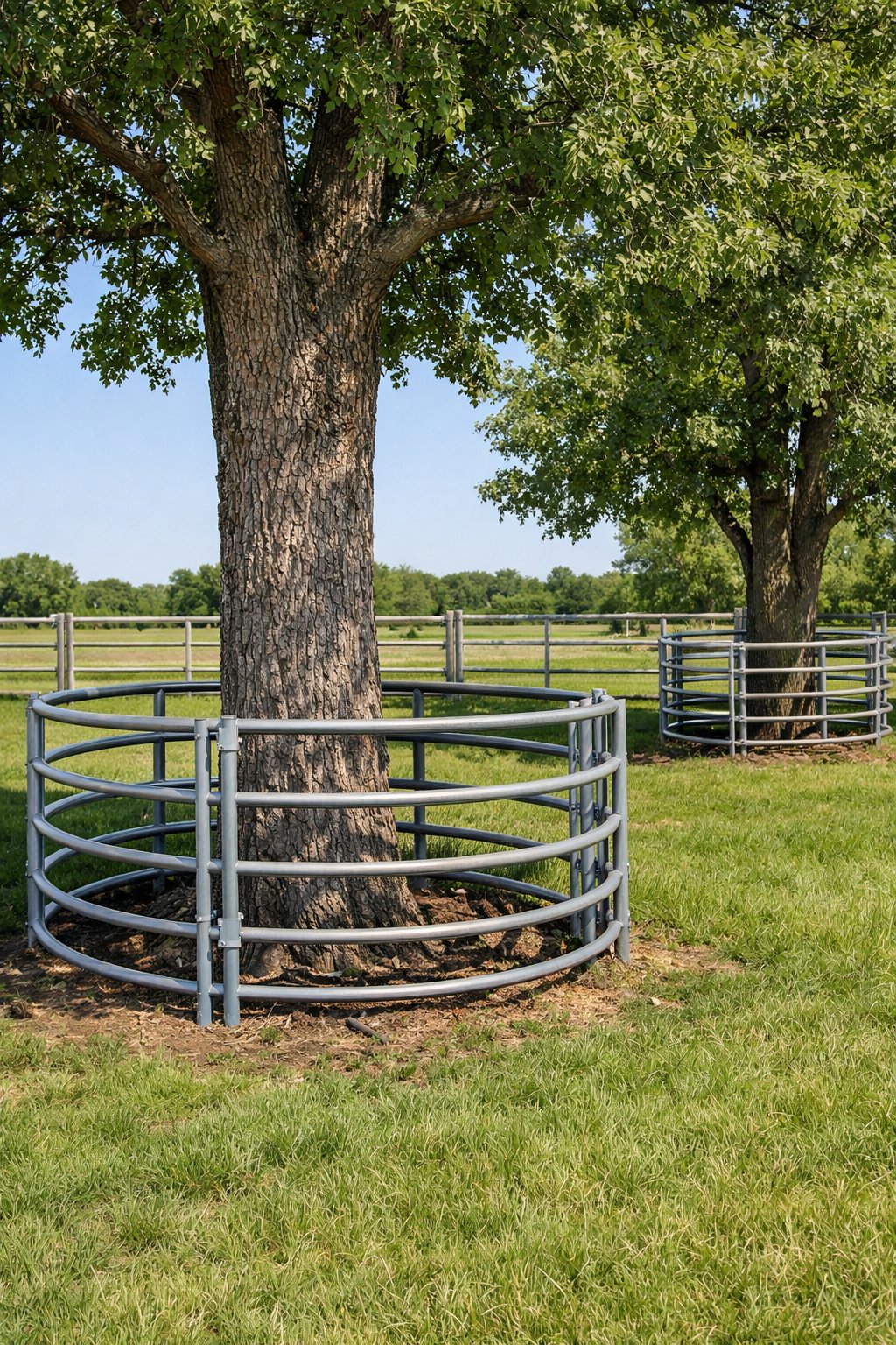 Metal cattle panels wrapped around trees to form enclosures on a sunny farm with green grass and open pasture.